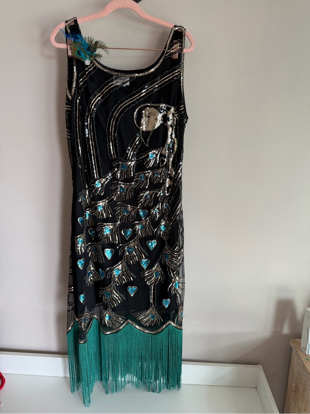 Unique Vintage Black Sequin Peacock Flapper Dress Green Fringe Gatsby Party L